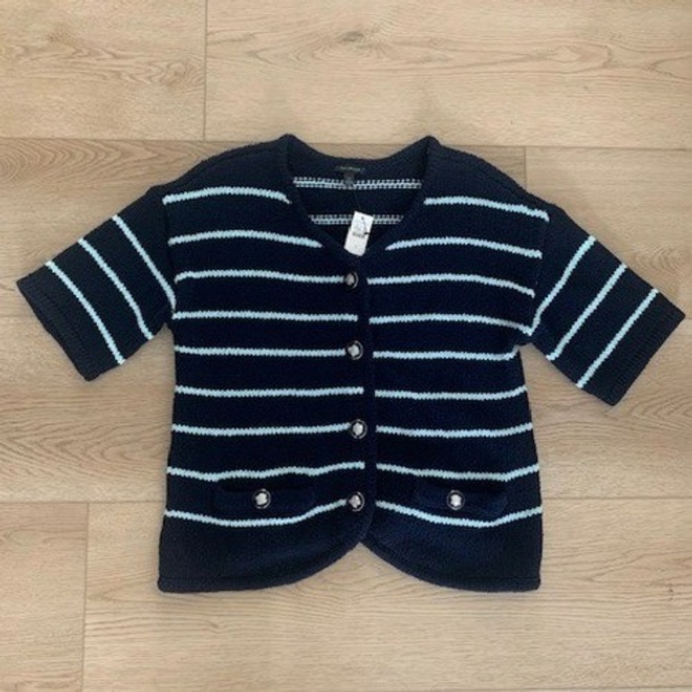 Talbots Navy Blue Striped Short Sleeve Cardigan Sweater V-Neck NWT Small
